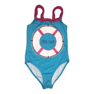 Gymbore3 Light Blue Pink Trim Free Swim Innertube Design One Piece Girl's Swimsu